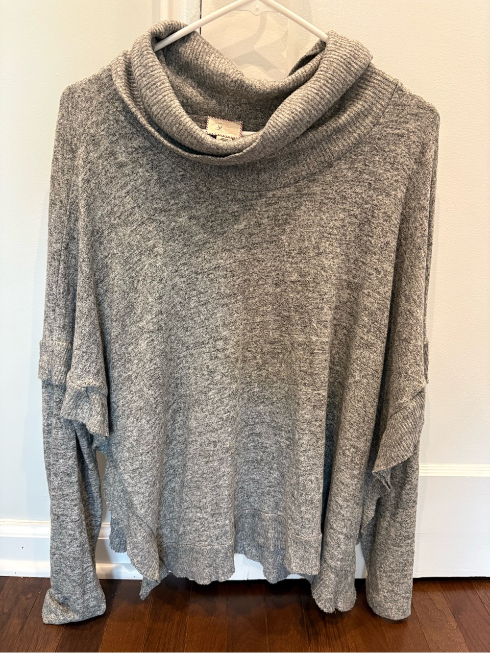 Anthropologie Gray Cowl Neck Ruffle Trim Knit Sweater Women's Size Small